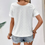 White Lace V-Neck Short Sleeve Shirts