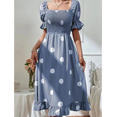 Dotted Slim Fit Sweet Ruffled Short Sleeve Dress