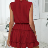 Solid Color V-neck Loose Sleeveless Ruffle Mini Dress