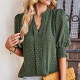Swiss Dot V-Neck Short Sleeve Shirts