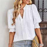 Swiss Dot V-Neck Short Sleeve Shirts