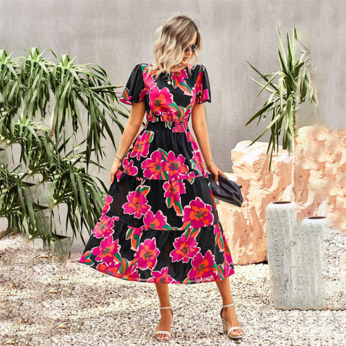 Floral Print Short Sleeve Maxi Dress