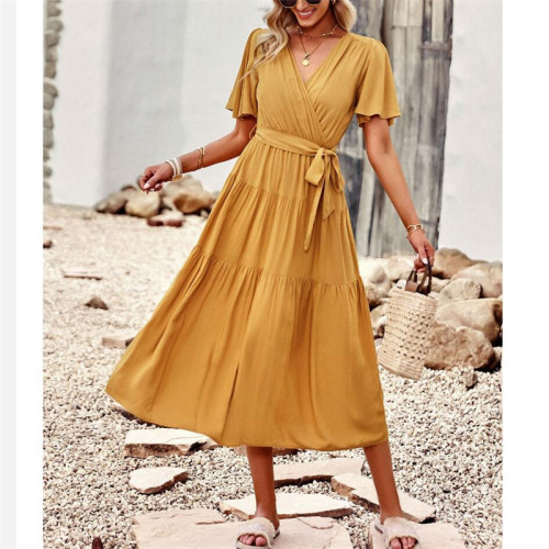 Solid Color High Waisted V-Neck Maxi Dress