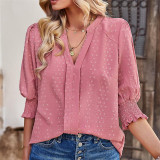Swiss Dot V-Neck Short Sleeve Shirts