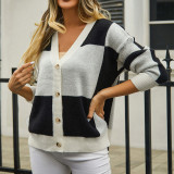 Cardigan Sweater Plaid Patchwork Knit Jacket