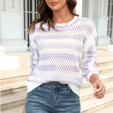 Hollow Stripe Round Neck Long Sleeve Sweaters