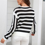 Hollow Stripe Round Neck Long Sleeve Sweaters