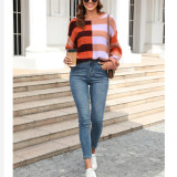 Stripe Contrast Round Neck Pullover Sweaters