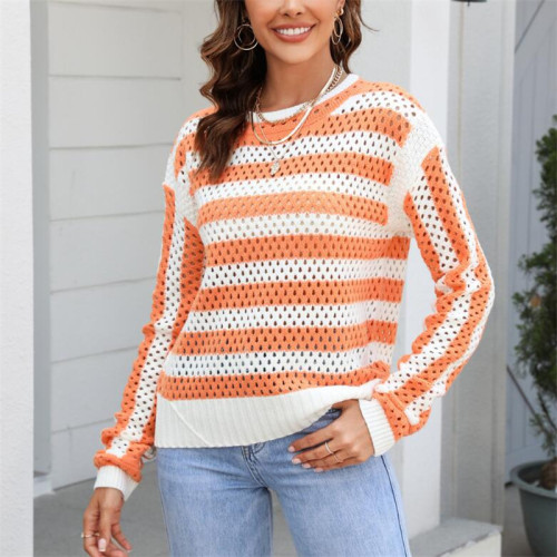 Hollow Stripe Round Neck Long Sleeve Sweaters