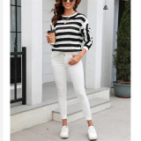 Hollow Stripe Round Neck Long Sleeve Sweaters