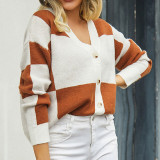 Cardigan Sweater Plaid Patchwork Knit Jacket