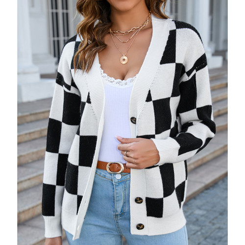 Checkered Sweater Large Patchwork Cardigan Top