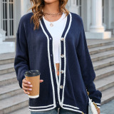 Button Contrast Knit V-neck Cardigan Sweater