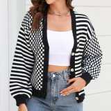 Knitted Plaid Patchwork Striped Cardigan Jacket