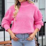 Pullover High Neck Plush Solid Color Knitted Sweater