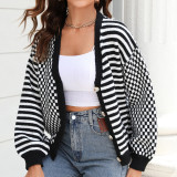 Knitted Plaid Patchwork Striped Cardigan Jacket