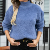Pullover High Neck Plush Solid Color Knitted Sweater
