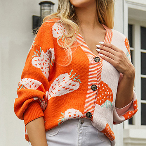 V-neck Button Cardigan Strawberry Jacket Sweater