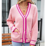 Large Contrast Pocket V-Neck Sweater Coat