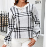 Plaid Patchwork Casual Pullover Round Neck Knit