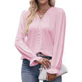 Lace V-Neck Lotous Sleeve Tops