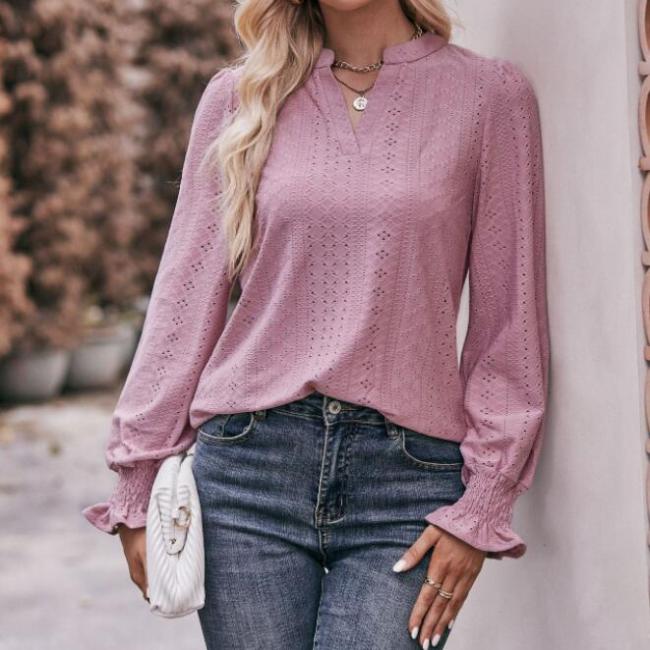 V Neck Lotus Sleeve Eyelet Tops