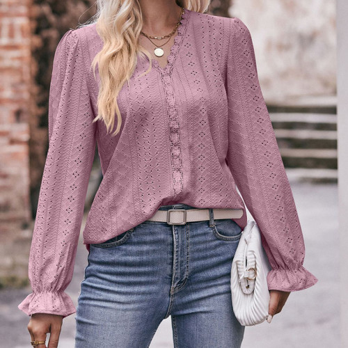 Lace V-Neck Lotous Sleeve Tops
