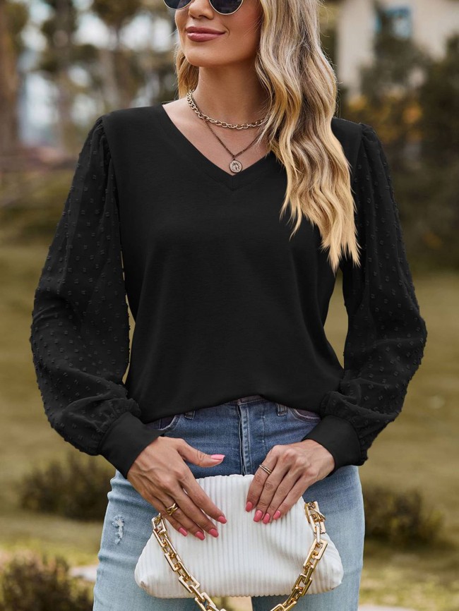 Women's Long sleeved T-shirt Solid V-neck Mesh Bubble Sleeve