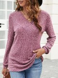 V Neck Pit Stripe Tops Casual Long Sleeve Pullover Sweater
