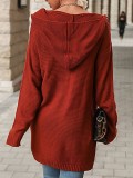Red Long Sleeved Hooded Sweater Cardigan Jacket
