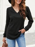 V Neck Pit Stripe Tops Casual Long Sleeve Pullover Sweater