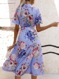 Summer Printed V-neck Waist Length Short Sleeved Dress