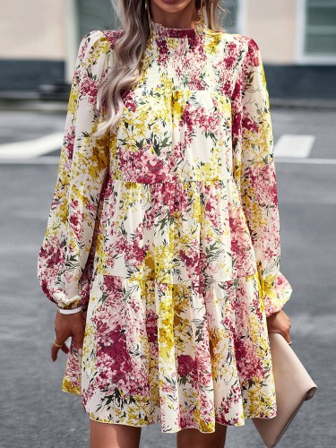 Mock Neck Long Sleeve Floral Print Ruffle Short Dress