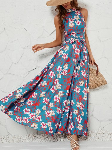 Printed Hanging Neck Waist Wrapped Spicy Girl Dress