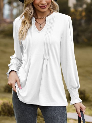 Solid Color Striped Bubble Sleeved V-neck Tied Up Tops