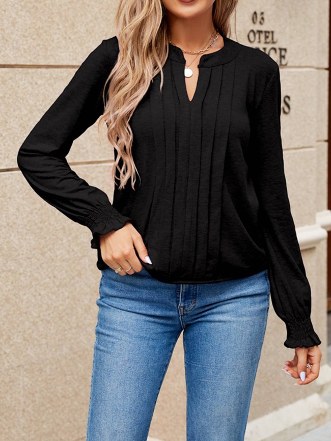 Elegant pleated V-neck cuffs tied up women's top