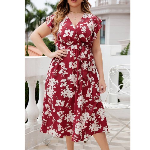 Plus Size V Neck Floral Print Lace Up Ruffle Sleeve Dress