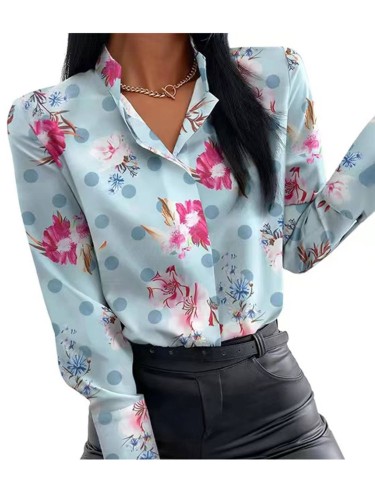 Floral Printed Long Sleeve Casual T Shirt Lapel Button Blous