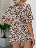 Womens Leopard Print V Neck Loose Fashion Half Sleeve Shirt