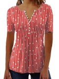 Dot Print Tees Short Sleeve Button Down V Neck Blouses