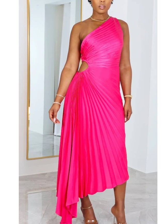 Single Shoulder Diagonal Neckline Pleated Hollow Out Dress