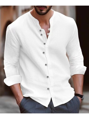 Men's Cotton Linen Henley Shirt Casual Long Sleeve Shirts