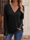 Solid V-neck Loose Long Sleeve Button Top