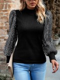 Half High Neck Long Sleeved Sequin Patchwork Knitted Tops