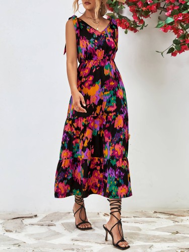 Women's Sexy V Neck Backless Floral Print Party Dress
