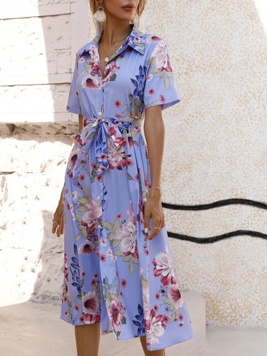 Summer Printed V-neck Waist Length Short Sleeved Dress