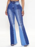 Two Tone Patchwork Micro Flare Stretch High Waisted Jeans