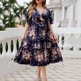 Plus Size Floral Print V Neck Short Sleeve Dress