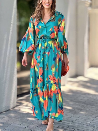 Printed Style Polo Collar Single Breasted Long Dress