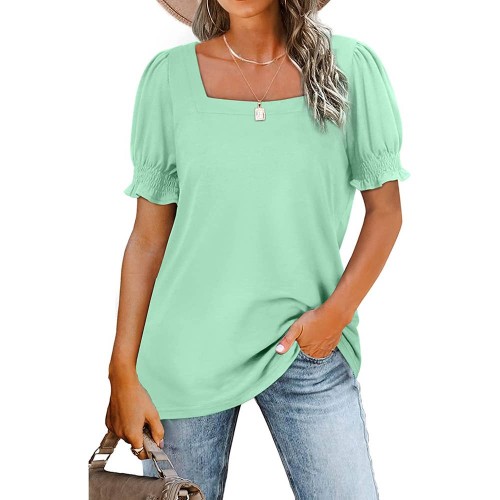 Summer Casual Ruffle Trim Sleeve Square Neck T Shirts